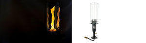 Vortek post mounted torch photos side by side. One with flame one without flame on a white background.