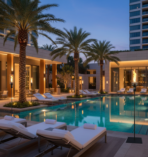 Pool area with lounge chairs, palm trees, and building in the background