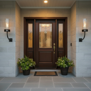 Front door of a house with decorative lights and plants on a stone patio.