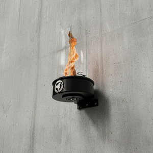 Wall-mounted fire pit with flames against a concrete wall