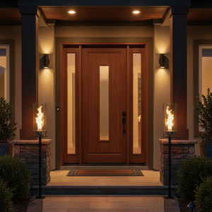 Front entrance of a house with wooden door, lit by outdoor lights and torches.