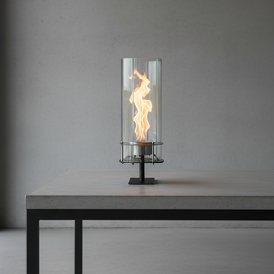 Modern table lamp with flame effect on a gray background