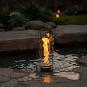 Outdoor oil tabletop fire feature with a vertical flame enclosed in a clear glass wind guard, designed for modern patio tables, outdoor dining areas, and ambient lighting.