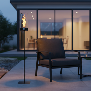 Outdoor patio scene with a lit fire pit and modern furniture at dusk.