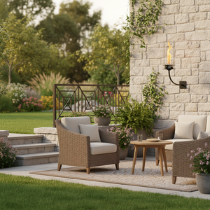 Outdoor patio setting with wicker chairs, table, and stone wall.