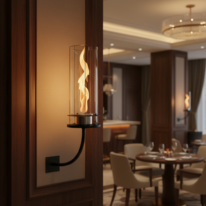 Wall-mounted fireplace with a blurred restaurant interior in the background