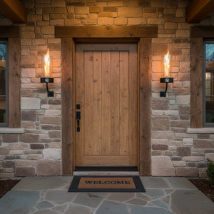 Outdoor oil wall-mount fire feature with a vertical flame enclosed in a clear glass wind guard, supported by a curved metal arm and wall plate, designed for modern patio, garden, and exterior wall lighting.