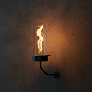 Outdoor oil wall-mount fire feature with a vertical flame enclosed in a clear glass wind guard, supported by a curved metal arm and wall plate, designed for modern patio, garden, and exterior wall lighting.