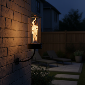 Outdoor oil wall-mount fire feature with a vertical flame enclosed in a clear glass wind guard, supported by a curved metal arm and wall plate, designed for modern patio, garden, and exterior wall lighting.