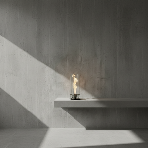 Vortex Fire pit on a concrete platform with a gray wall background