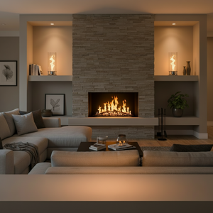 Cozy living room with a fireplace, comfortable seating, and decorative elements.