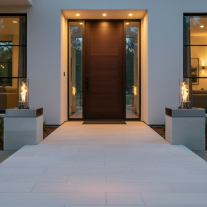 Modern front door of a house with decorative lights on either side.