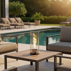 Outdoor patio setting with a fire pit table by a poolside.