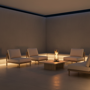 Modern table lamp with glass shade and visible flame on a neutral background