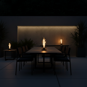 Modern table lamp with glass shade and visible flame on a neutral background