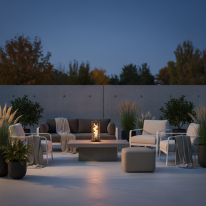 Modern table lamp with glass shade and visible flame on a neutral background