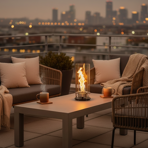 Modern table lamp with glass shade and visible flame on a neutral background
