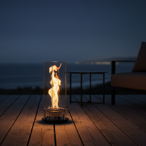 Modern table lamp with glass shade and visible flame on a neutral background