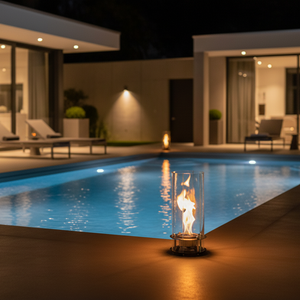 Modern table lamp with glass shade and visible flame on a neutral background