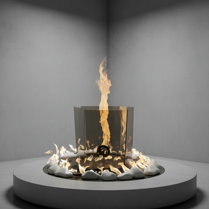 Modern fireplace with flames on a gray background