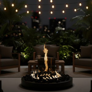 Outdoor patio with Halo Fire Halo Pit, chairs, and string lights in a dark setting