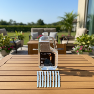 Gallon container of Halofire torch fuel with blue wicks on a white background