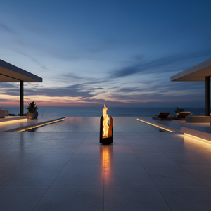 A modern outdoor fire pit with a glowing flame stands centered on a tiled patio overlooking an infinity pool and ocean at dusk.
