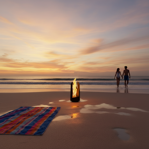 A beach scene at sunset with a small black fire pit containing a flame in the foreground, a colorful striped towel on the sand, and two silhouetted people walking near the shoreline in the distance.