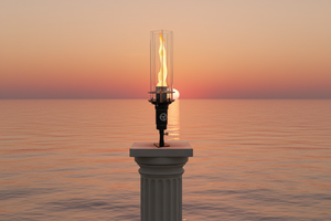 Hollywood Series Vortek post mount fire feature designed for column and post installations, featuring a tall vortex flame and clear glass wind guard for luxury outdoor patios and commercial landscapes