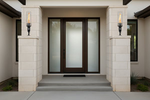 Hollywood Series Vortek post mount fire feature designed for column and post installations, featuring a tall vortex flame and clear glass wind guard for luxury outdoor patios and commercial landscapes