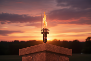 Hollywood Series Vortek post mount fire feature designed for column and post installations, featuring a tall vortex flame and clear glass wind guard for luxury outdoor patios and commercial landscapes