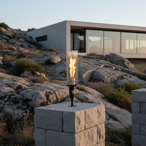 Hollywood Series Vortek post mount fire feature designed for column and post installations, featuring a tall vortex flame and clear glass wind guard for luxury outdoor patios and commercial landscapes