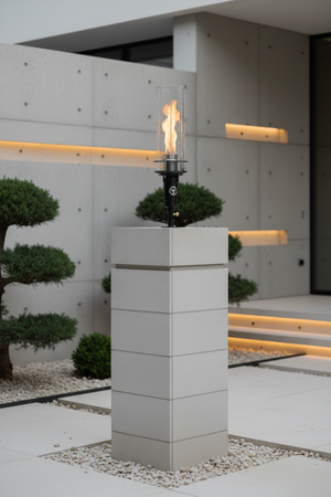 Hollywood Series Vortek post mount fire feature designed for column and post installations, featuring a tall vortex flame and clear glass wind guard for luxury outdoor patios and commercial landscapes