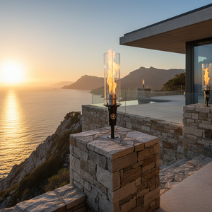 Hollywood Series Vortek post mount fire feature designed for column and post installations, featuring a tall vortex flame and clear glass wind guard for luxury outdoor patios and commercial landscapes