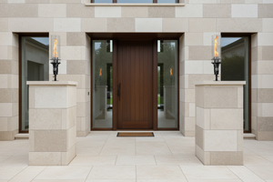 Hollywood Series Vortek post mount fire feature designed for column and post installations, featuring a tall vortex flame and clear glass wind guard for luxury outdoor patios and commercial landscapes