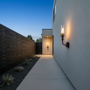 Outdoor wall-mounted gas tiki torch with a tall vertical flame, clear glass wind guard, black metal wall mount arm, and rectangular wall plate, designed for modern patio, garden, and exterior wall lighting using propane or natural gas.