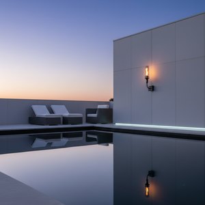 Outdoor wall-mounted gas tiki torch with a tall vertical flame, clear glass wind guard, black metal wall mount arm, and rectangular wall plate, designed for modern patio, garden, and exterior wall lighting using propane or natural gas.