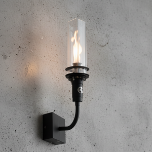 Outdoor wall-mounted gas tiki torch with a tall vertical flame, clear glass wind guard, black metal wall mount arm, and rectangular wall plate, designed for modern patio, garden, and exterior wall lighting using propane or natural gas.