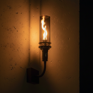Outdoor wall-mounted gas tiki torch with a tall vertical flame, clear glass wind guard, black metal wall mount arm, and rectangular wall plate, designed for modern patio, garden, and exterior wall lighting using propane or natural gas.