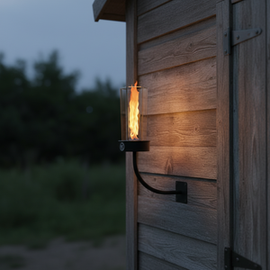 Wall-mounted outdoor light fixture on a wooden building with a blurred natural background