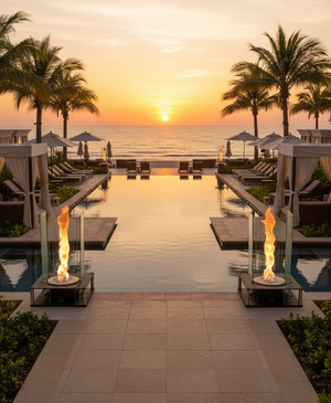 Modern glass fireplace with flames inside, on a neutral background