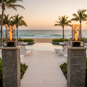 Modern glass fireplace with flames inside, on a neutral background