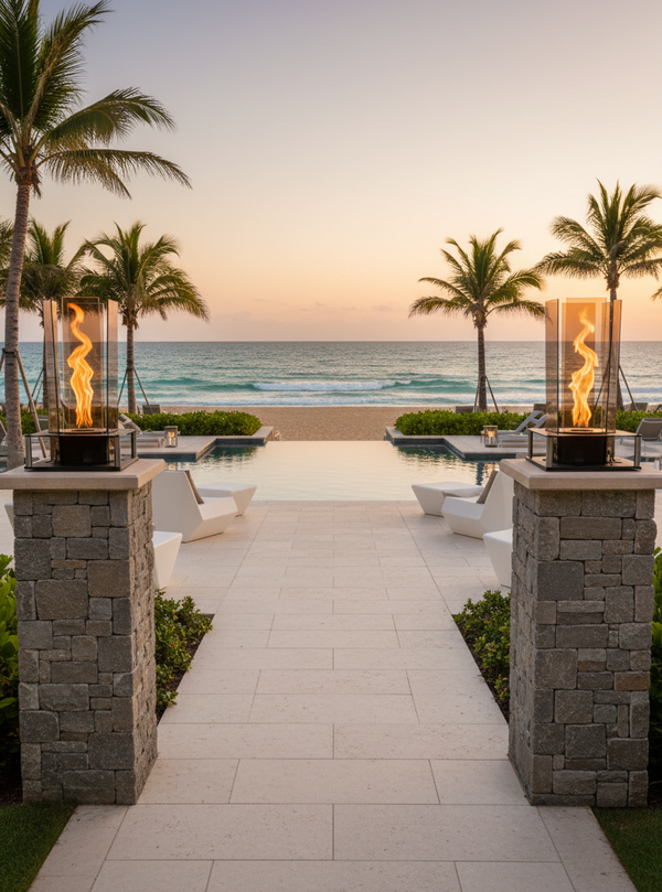 Modern glass fireplace with flames inside, on a neutral background