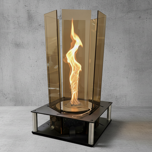 Modern freestanding fireplace with glass panels and visible flames on a concrete floor.