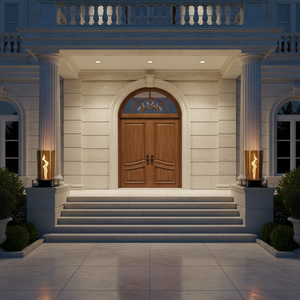 Elegant mansion entrance with wooden doors and decorative columns