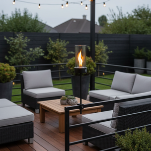 Outdoor patio with furniture, fire pit, and string lights on a wooden deck.
