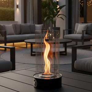 Outdoor oil tabletop fire feature with a vertical flame enclosed in a clear glass wind guard, designed for modern patio tables, outdoor dining areas, and ambient lighting.