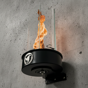 Wall-mounted fire pit with flames against a concrete wall