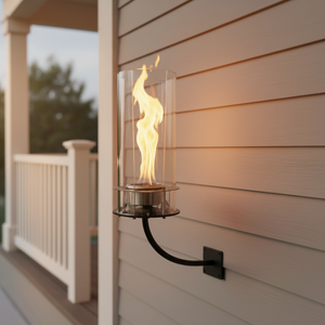 Wall-mounted outdoor fire pit on a house exterior