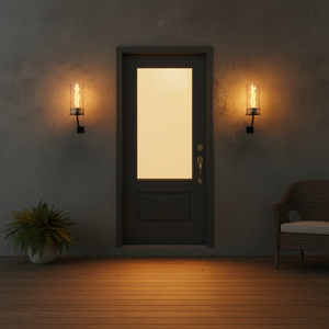 Dark door with glass panel illuminated by wall sconces in a dimly lit room.